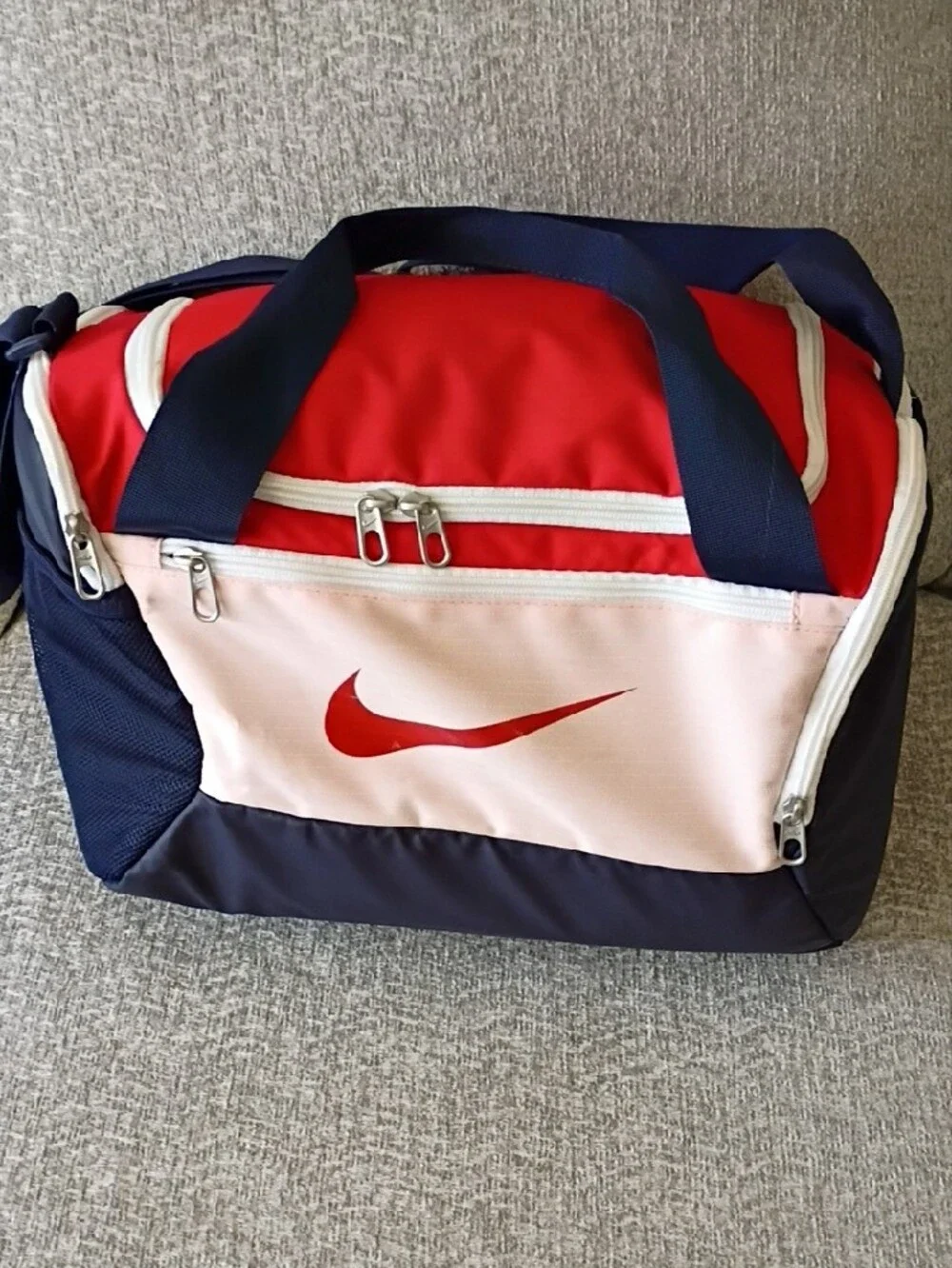 Nike Red and Light Pink Duffel Bag with Navy Straps